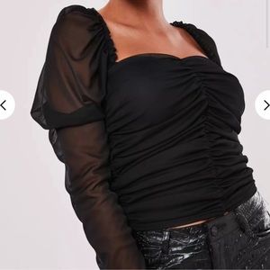 Missguided Black Rouched Long Sleeve Semi Sheer Top Size 12